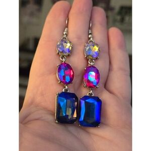 Pink Blue Crystal Glass Drop Earrings Vibrant Color!!